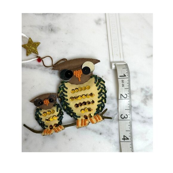 Handcrafted Owl Mommy & Baby Ornament With Sequins & Ribbon Fall Winter Decor - Picture 3 of 4